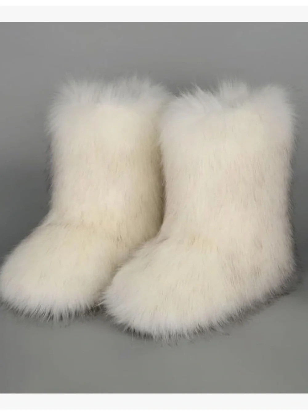 Women's Fluffy Furry Snow Boots Faux Fur Mid-Calf Flat ( off white)